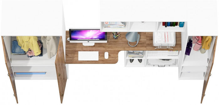 Лидер-8 Шкаф МД 19Б + Стол + Полка + Пенал 23Б, цвет белый шагрень/крафт золото, ШхГхВ 285х50/37,5х75/190 или 195х120х75/190 см., НЕ ун.сб.