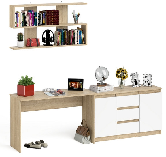 Мори Стол письменный МСП1200.1 + Комод МК1200.3 + Полка 1200, цвет дуб сонома/белый, ШхГхВ 240,8х50х209,6 см., универсальная сборка