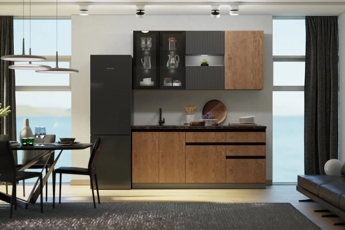 Кухня Техно-6 2,0м Графит/Экзотическое дерево Амазония/Графит софт