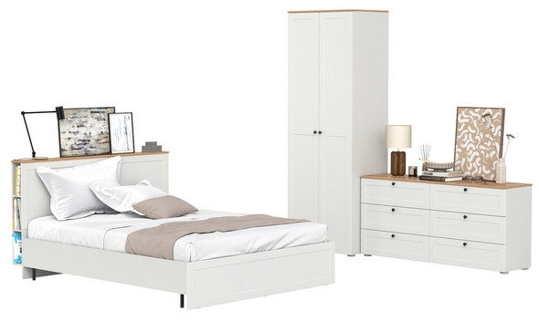 Остин 11.53 Кровать + ортопед + 13.336.02 Шкаф для одежды + 16.240 Комод, белый шагрень/дуб крафт золотой