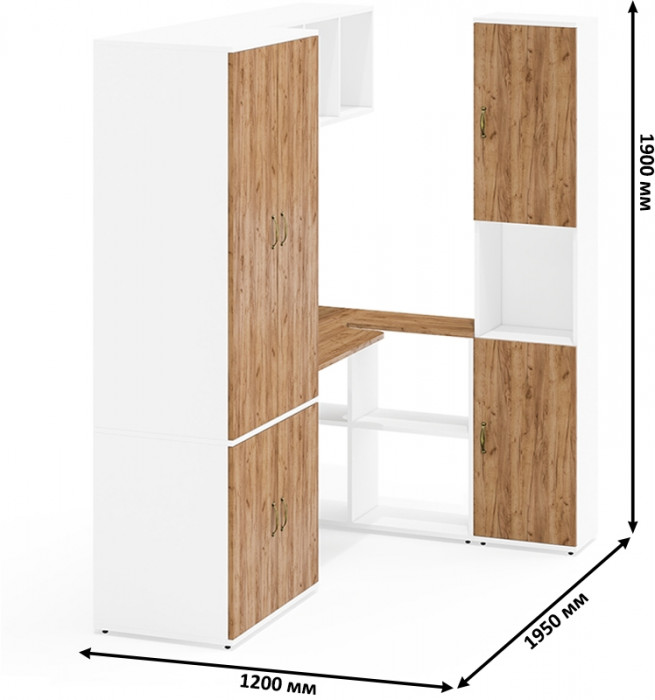 Лидер-8 Шкаф МД 19Б + Стол + Полка + Пенал, цвет белый шагрень/крафт золото, ШхГхВ 285х50/30х75/190 или 195х120х75/190 см., НЕ ун.сб.