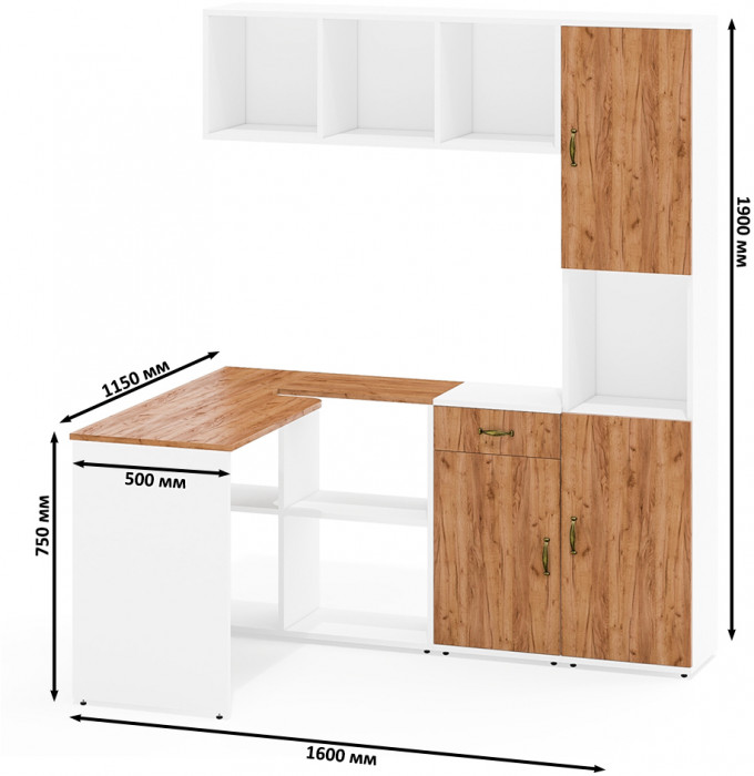Лидер-8 Стол + Полка + Тумба МД 3.15 + Пенал, цвет белый шагрень/крафт золото, ШхГхВ 370х50/30х75/190 или 230х50/120х75/190 см., НЕ универс. сб.