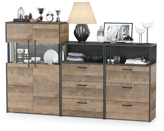 Трувор 13.306 Комод с витриной + 13.307.02 Комод с ящиками + 13.307.02 Комод с ящ., цвет дуб гранж песочный/интра, ШхГхВ 217,8х37х135,3 см., ун. сб.