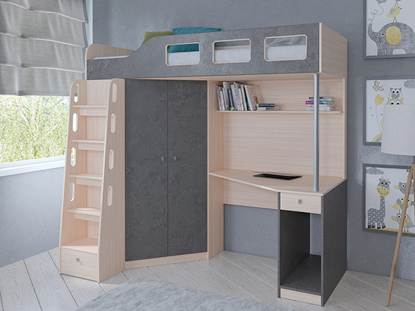 Кровать чердак Астра 7 Дуб молочный/Железный Камень