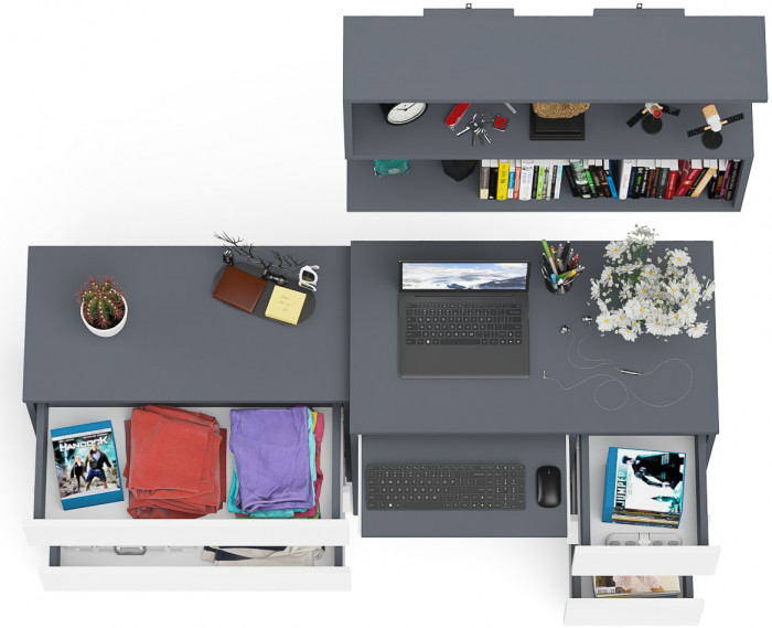 Мори Стол компьютерный МС-6 правый + Комод МК800.1 + Полка 900, цвет графит/белый, ШхГхВ 170,4х50х209,6 см., НЕ универсальная сборка