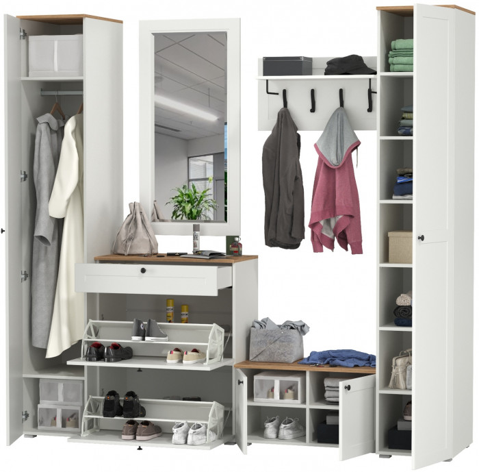 Остин Прихожая 46, цвет белый шагрень/дуб крафт золотой, ШхГхВ 240х54,3х229,6 см., универсальная сборка