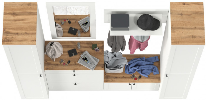 Остин Прихожая 46, цвет белый шагрень/дуб крафт золотой, ШхГхВ 240х54,3х229,6 см., универсальная сборка