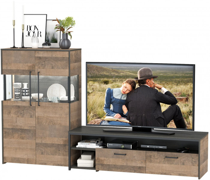 Трувор 13.70 Тумба под ТВ + 13.306 Комод с витриной, дуб гранж песочный/интра