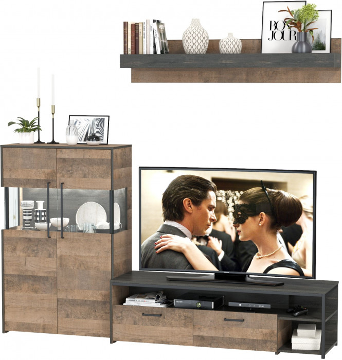 Трувор 13.70 Тумба под ТВ + 13.306 Комод с витриной, дуб гранж песочный/интра