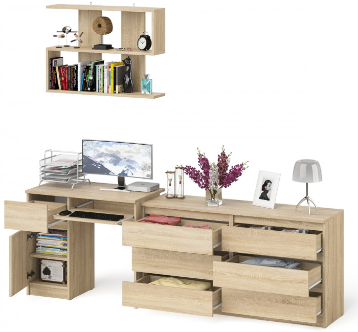 Мори Стол компьютерный МС-1 левый + Комод МК1380.6 + Полка 900, цвет дуб сонома, ШхГхВ 228х50х209,6 см., НЕ универсальная сборка