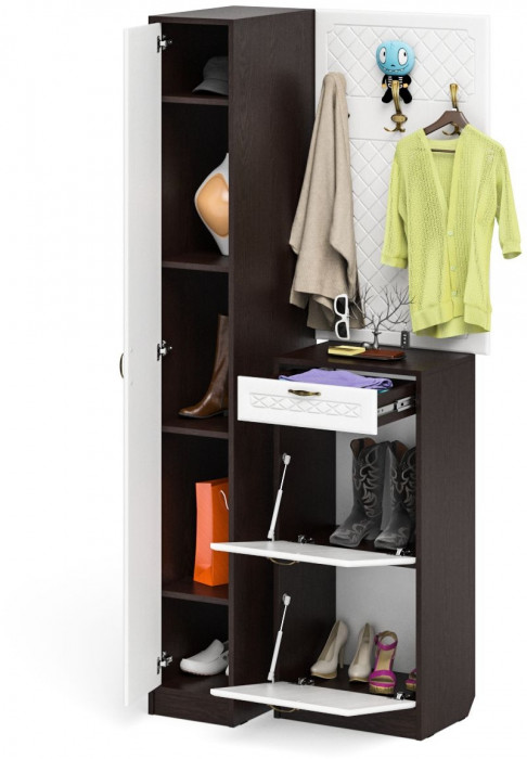 Прихожая П-6 Компоновка № 44, венге/фасады МДФ белое дерево фрезеровка ромб