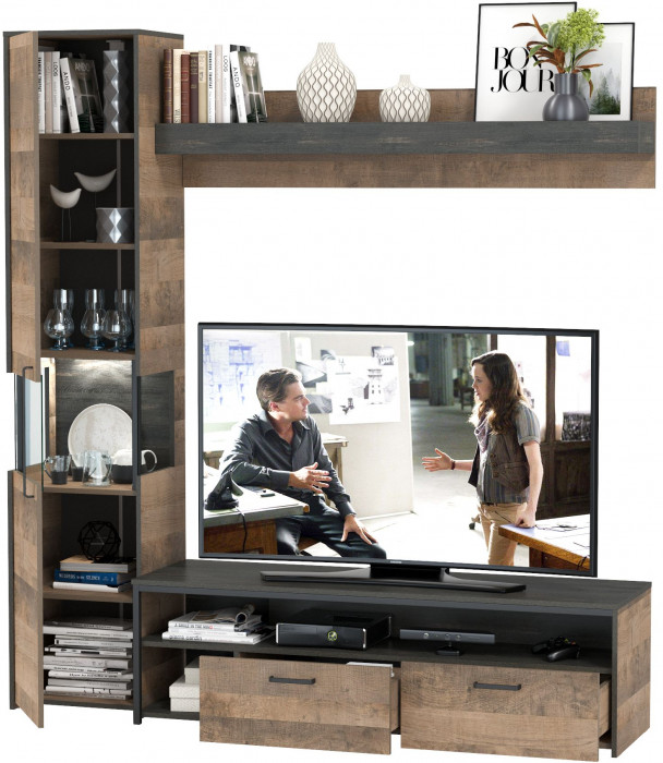 Трувор 13.70Тумба под ТВ +13.205 Шкаф-пенал с витриной +15.60 Полка, дуб гранж песочный/интра
