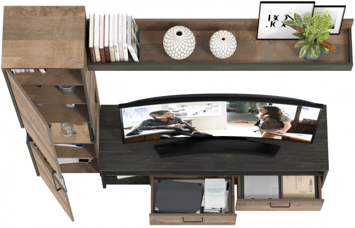 Трувор 13.70Тумба под ТВ +13.205 Шкаф-пенал с витриной +15.60 Полка, дуб гранж песочный/интра