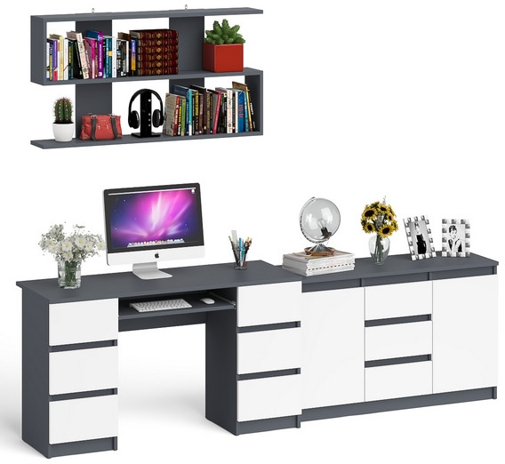 Мори компьютерный стол МС-2 + Комод МК1200.3 + Полка 1200, графит/белый
