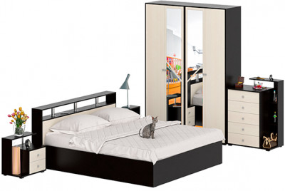 Камелия спальня № 4 Кровать 1800 + Две тумбы + Комод + Шкаф 4-х створчатый, цвет венге/дуб лоредо, сп.м. 1800х2000 мм., б/м, основание есть