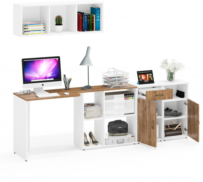 Лидер-8 Стол + Полка + Тумба МД 3.15 + Тумба МД 3.19, цвет белый шагрень/крафт золото, ШхГхВ 245х50/30х75/190 или 115х50/160х75/190 с, НЕ универс. сб.