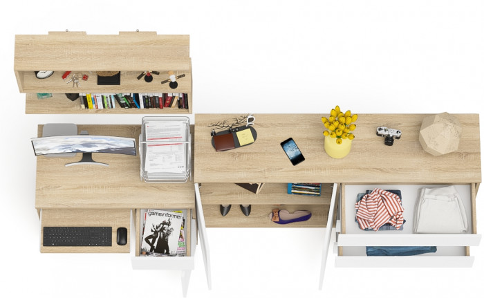 Мори Стол компьютерный МС-1 правый + Комод МК1600.1 + Полка 900, цвет дуб сонома/белый, ШхГхВ 250,4х50х209,6 см., НЕ универсальная сборка