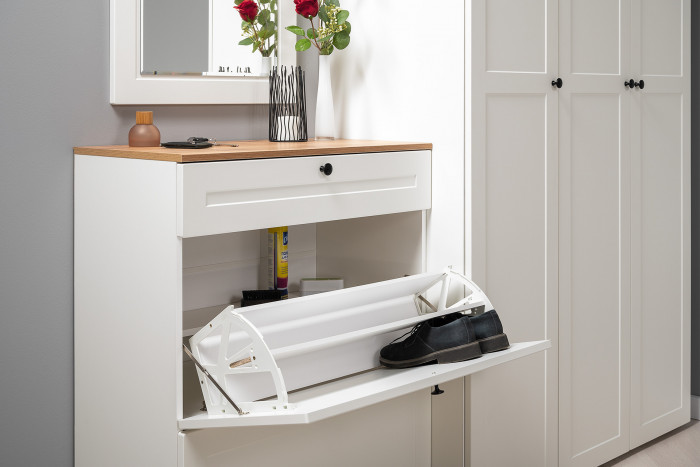 Остин 16.221 Комод + 16.121 Тумба для обуви, цвет белый шагрень/дуб крафт золотой, ШхГхВ 200х41,9х99,3 см., универсальная сборка