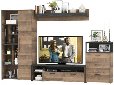 Трувор Гостиная 089, цвет дуб гранж песочный/интра, ШхГхВ 308,8х45,4х194,2 см., универсальная сборка