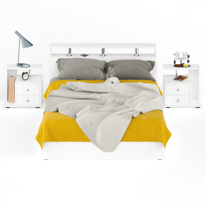 Камелия Кровать 1600 + две тумбы, цвет белый, ШхГхВ 276х217х78,2 см., сп.м. 1600х2000 мм., без матраса, основание есть