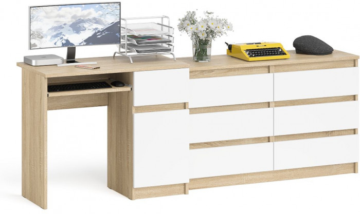 Мори Стол компьютерный МС-1 правый + Комод МК1200.6, цвет дуб сонома/белый, ШхГхВ 210,4х50х76,6 см., выдвижной ящик справа, НЕ универсальная сборка