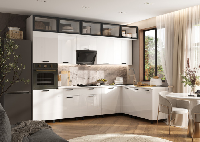 Кухня Техно 3,0х1,8/1080м Компоновка №8, Белый/Белый глянец