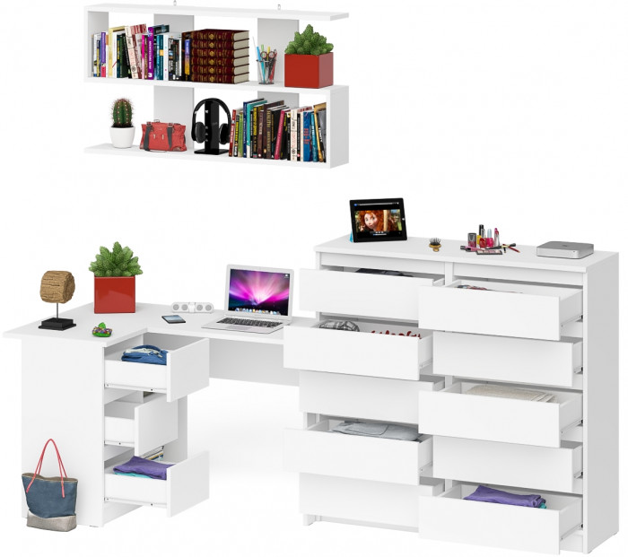 Мори компьютерный стол МС-16 левый + Комод МК1200.10 + Полка 1200, белый