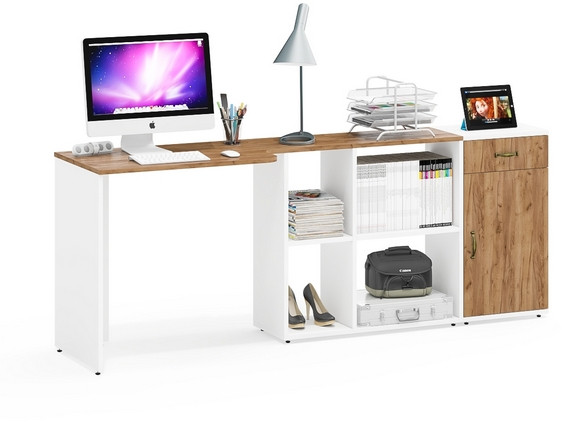 Лидер-8 Стол + Тумба МД 3.15, цвет белый шагрень/крафт золото, ШхГхВ 205х50/30х75 см. или 115х50/120х75 см., НЕ универсальная сборка