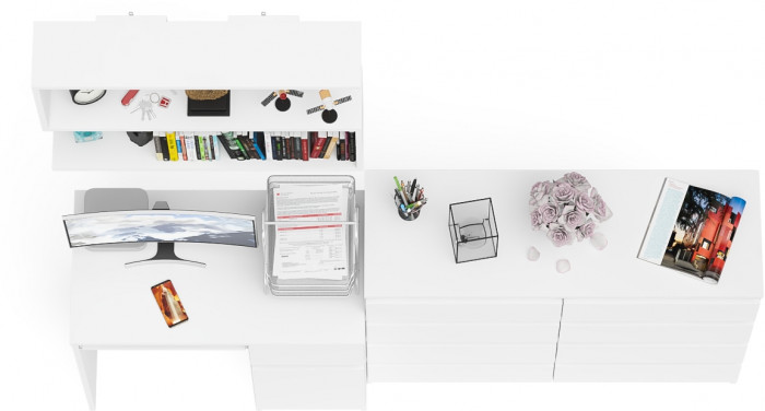 Мори Стол компьютерный МС-1 правый + Комод МК1200.8 + Полка 900, цвет белый, ШхГхВ 210,4х50х209,6 см., НЕ универсальная сборка