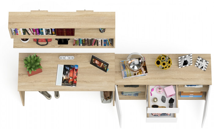 Мори письменный стол МСП1200.1 + Комод МК1200.3 + Полка 1200, дуб сонома/белый