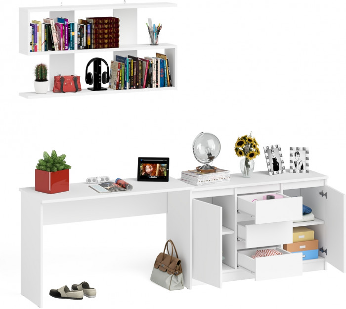 Мори Стол письменный МСП1200.1 + Комод МК1200.3 + Полка 1200, цвет белый, ШхГхВ 240,8х50х209,6 см., универсальная сборка