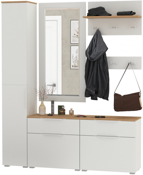 Октава Прихожая 44, цвет белый шагрень/дуб крафт золотой/фасады МДФ белый шагрень, ШхГхВ 162х35,4х197,6 см., универсальная сборка