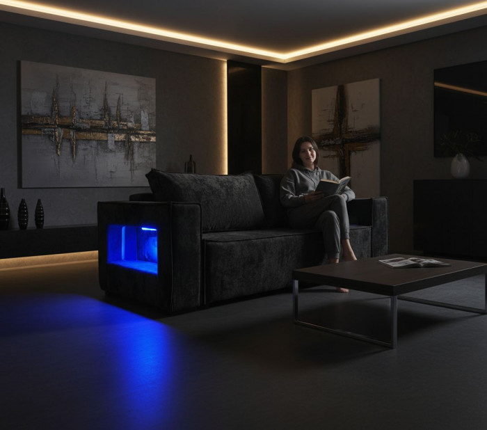 Диван-кровать Лофт Люкс Плюш с подсветкой, еврокнижка, независимый пружинный блок, 140х195, черный