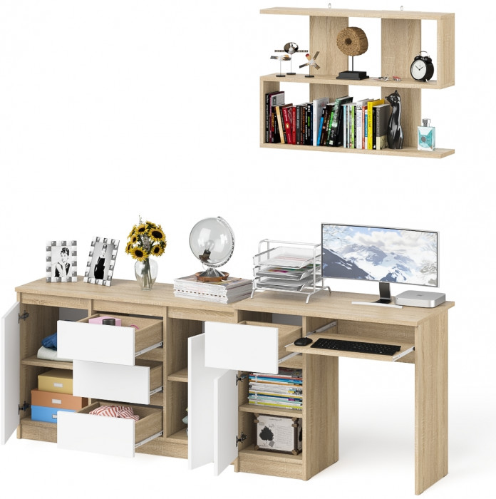 Мори компьютерный стол МС-1 левый + Комод МК1200.3 + Полка 900, дуб сонома/белый