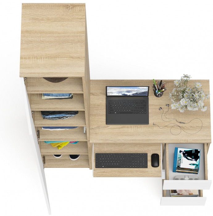 Мори компьютерный стол МС-6 правый + Пенал МШ400.1, дуб сонома/белый