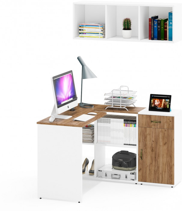 Лидер-8 Стол + Полка + Тумба МД 3.15, цвет белый шагрень/крафт золото, ШхГхВ 205х50/30х75/190 или 115х50/120х75/190 см., НЕ универсальная сборка