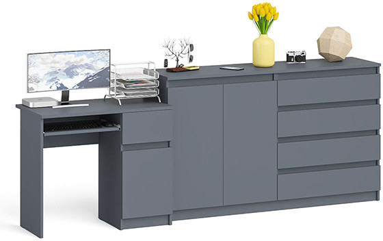 Мори Стол компьютерный МС-1 правый + Комод МК1600.1, цвет графит, ШхГхВ 250,4х50х94 см., выдвижной ящик справа, НЕ универсальная сборка