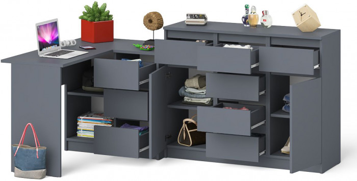 Мори Стол компьютерный МС-16 правый + Комод МК1200.4, цвет графит, ШхГхВ 244,8х84,9х94 см., выдвижные ящики справа, НЕ универсальная сборка