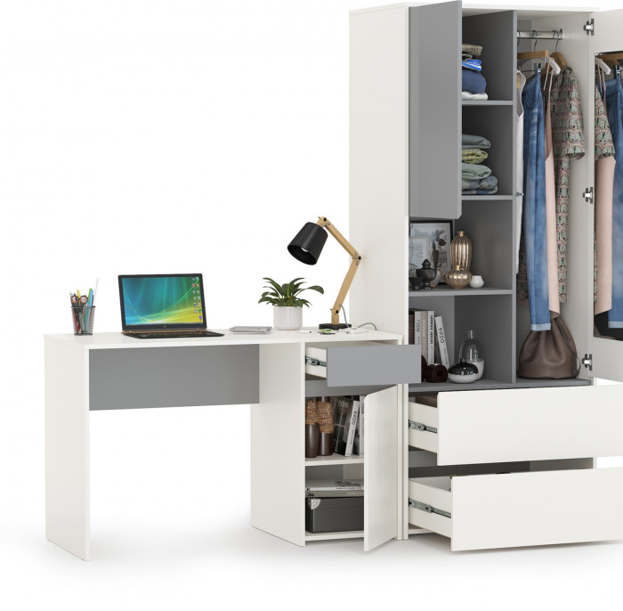 Торонто 12.149 Стол + 13.333 Шкаф для одежды, цвет белый шагрень/стальной серый, ШхГхВ 200х53,1х195,7 см., универсальная сборка