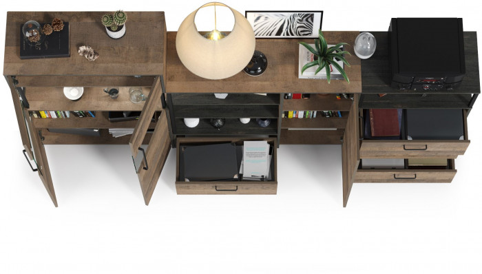 Трувор 13.307.01 Комод + 13.306 Комод с витриной + 13.307.02 Комод с ящиками, цвет дуб гранж песочный/интра, ШхГхВ 260,8х37х135,3 см., ун. сборка