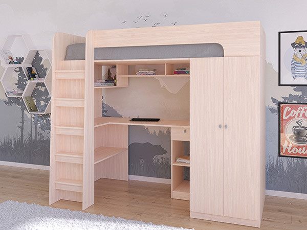 Кровать чердак Астра 10 Дуб молочный/Дуб молочный