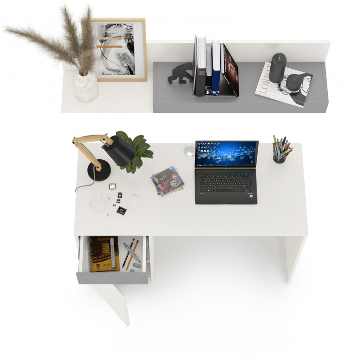 Торонто 12.149 Стол + 16.475 Полка, цвет белый шагрень/стальной серый, ШхГхВ 120х53,1х150 см., универсальная сборка