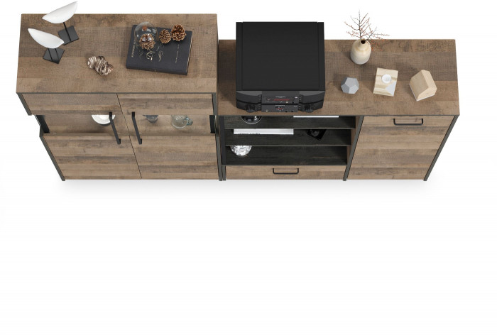 Трувор 13.307.01 Комод + 13.306 Комод с витриной, цвет дуб гранж песочный/интра, ШхГхВ 194,8х37х135,3 см., универсальная сборка