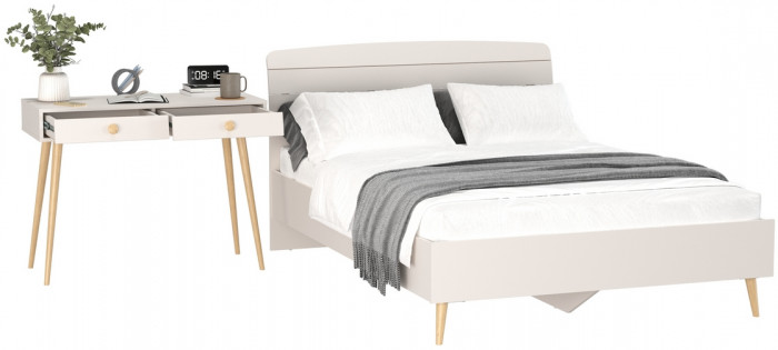 Афина Спальня Кровать 1400 + Стол, цвет кашемир серый, ШхГхВ 144,6х210,2х95,7 + 100х45х76 см., сп.м. 1400х2000 мм., б/м, основание есть