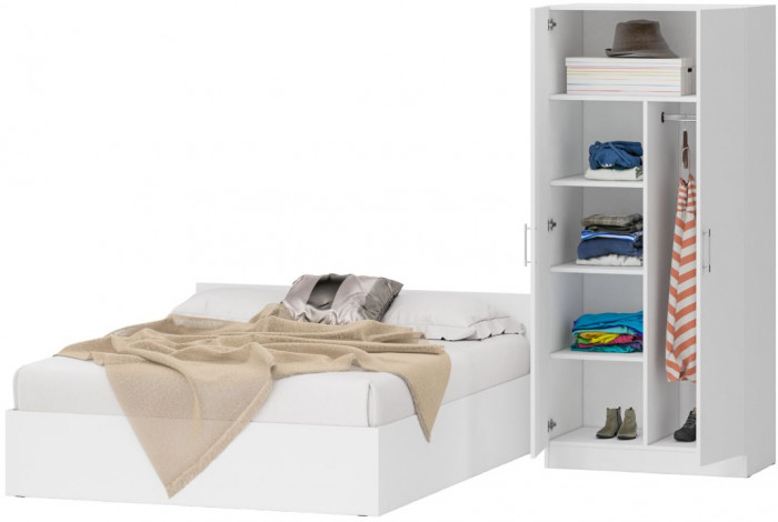 Кровать 1600 + Шкаф 2-х створчатый Стандарт, цвет белый, ШхГхВ 163,5х203,5х70 + 90х52х200 см., сп.м. 1600х2000 мм., без матраса, основание есть