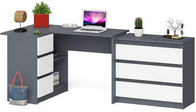 Мори Стол компьютерный МС-16 левый + Комод МК800.1, цвет графит/белый, ШхГхВ 204,8х84,9х76,6 см., выдвижные ящики слева, НЕ универсальная сборка