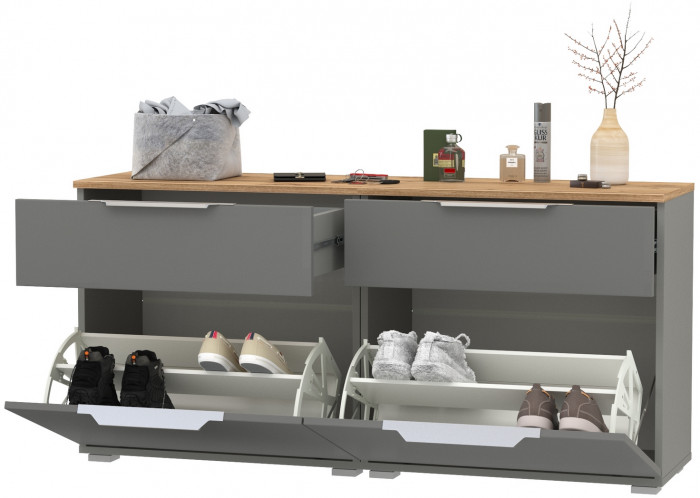 Октава 16.127 Тумба для обуви + 16.127 Тумба для обуви, цвет серый графит/дуб крафт золотой/фасады МДФ серый графит, ШхГхВ 129,8х35,4х62,2 см.