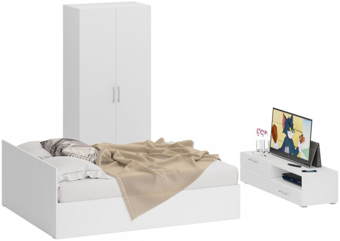 Спальня Стандарт 3-1600, белый/фасады ТВ тумбы МДФ белый глянец