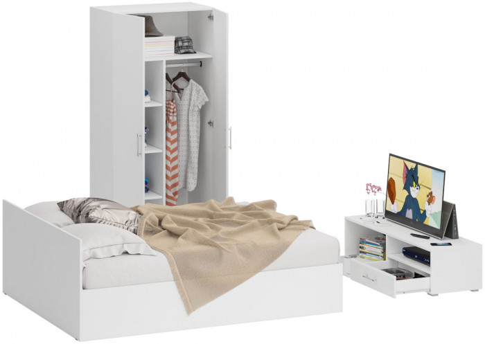 Спальня Стандарт 3-1600, белый/фасады ТВ тумбы МДФ белый глянец
