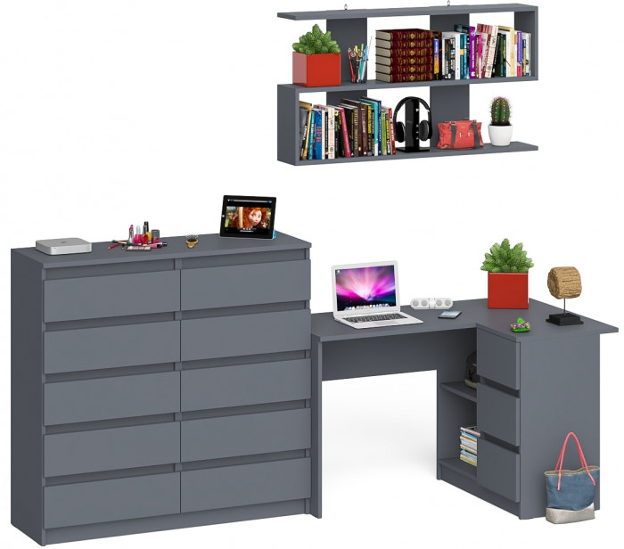 Мори компьютерный стол МС-16 правый + Комод МК1200.10 + Полка 1200, графит